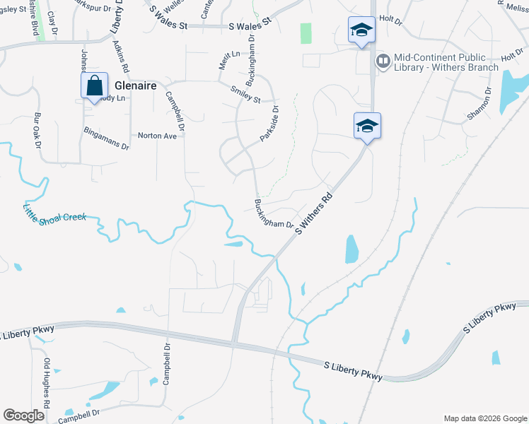 map of restaurants, bars, coffee shops, grocery stores, and more near 1913 Buckingham Drive in Liberty