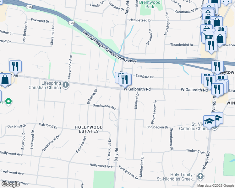 map of restaurants, bars, coffee shops, grocery stores, and more near 1187 Galbraith Road in Cincinnati