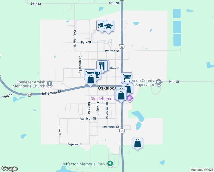 map of restaurants, bars, coffee shops, grocery stores, and more near 503 Delaware Street in Oskaloosa