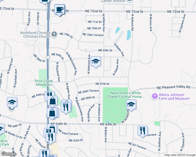 map of restaurants, bars, coffee shops, grocery stores, and more near 6704 North Indiana Avenue in Kansas City