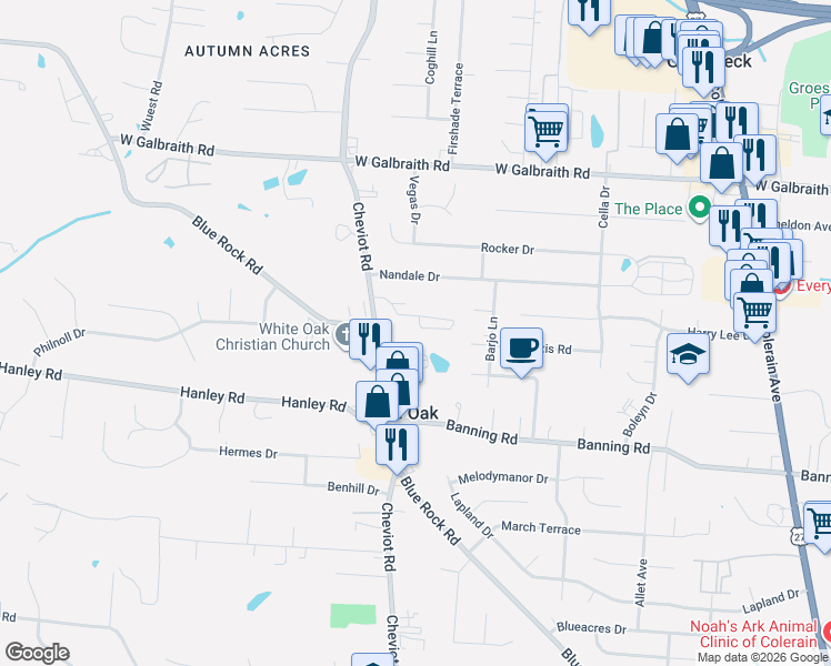 map of restaurants, bars, coffee shops, grocery stores, and more near 7640 Cheviot Road in Cincinnati