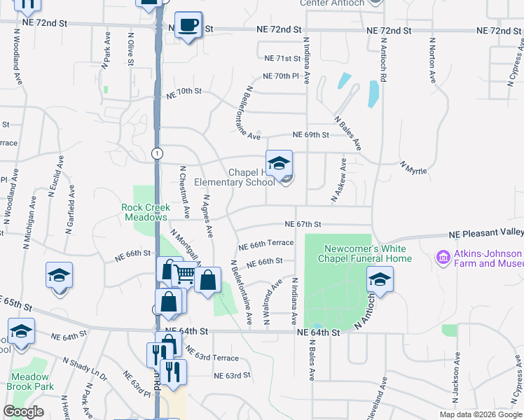 map of restaurants, bars, coffee shops, grocery stores, and more near 6708 North Walrond Avenue in Kansas City