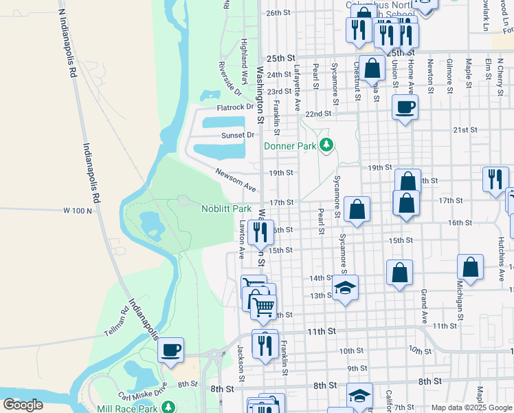 map of restaurants, bars, coffee shops, grocery stores, and more near 1656 Washington Street in Columbus