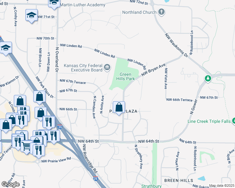map of restaurants, bars, coffee shops, grocery stores, and more near 8011 North London Drive in Kansas City
