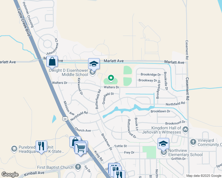 map of restaurants, bars, coffee shops, grocery stores, and more near 701 Walters Drive in Manhattan