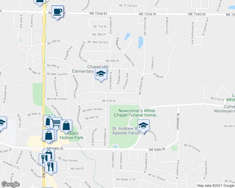 map of restaurants, bars, coffee shops, grocery stores, and more near 3411 Northeast 67th Terrace in Gladstone