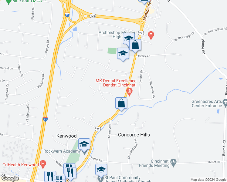 map of restaurants, bars, coffee shops, grocery stores, and more near 7736 Highgate Place in Cincinnati