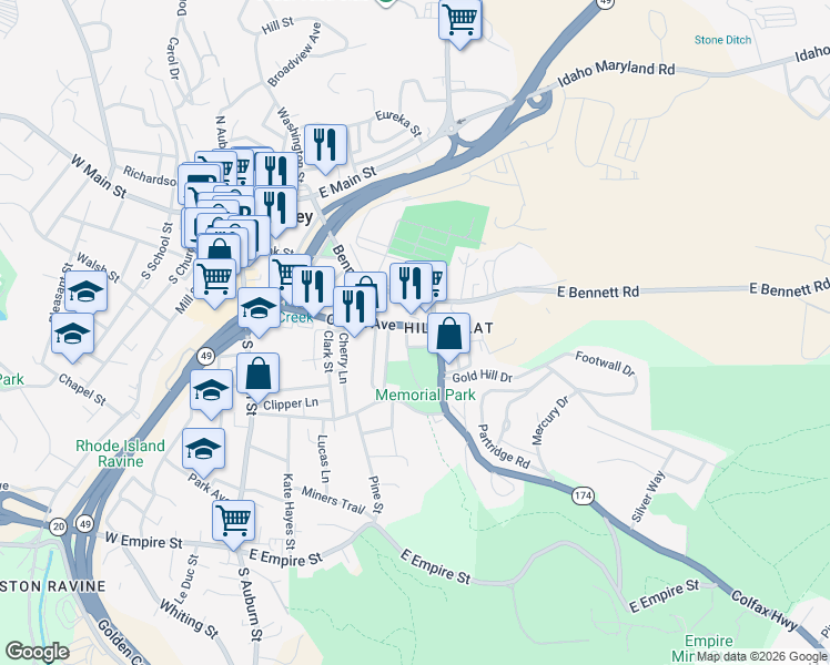 map of restaurants, bars, coffee shops, grocery stores, and more near 411 Colfax Avenue in Grass Valley