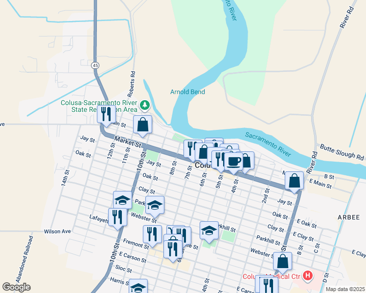 map of restaurants, bars, coffee shops, grocery stores, and more near 761 Main Street in Colusa