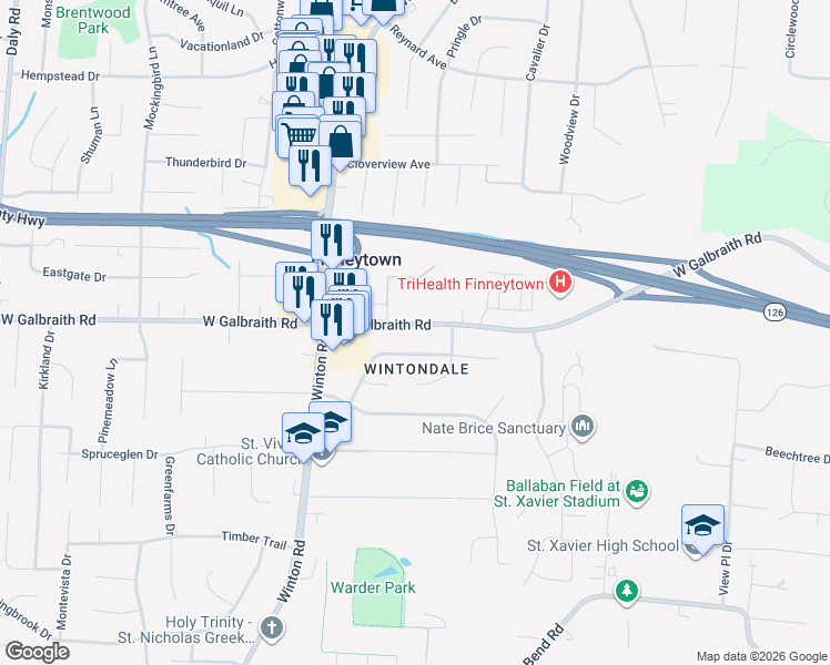 map of restaurants, bars, coffee shops, grocery stores, and more near 828 Galbraith Road in Cincinnati