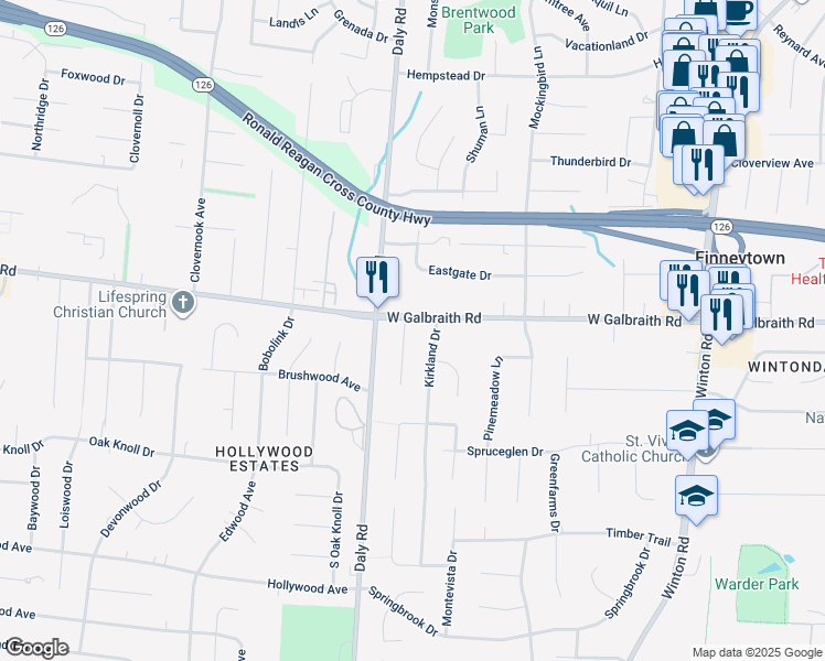 map of restaurants, bars, coffee shops, grocery stores, and more near 1165 Galbraith Road in Cincinnati