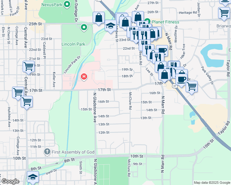 map of restaurants, bars, coffee shops, grocery stores, and more near 1710 Midway Street in Columbus