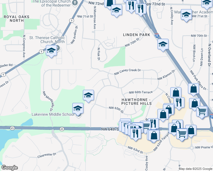 map of restaurants, bars, coffee shops, grocery stores, and more near 6714 Northwest Mokane Avenue in Kansas City
