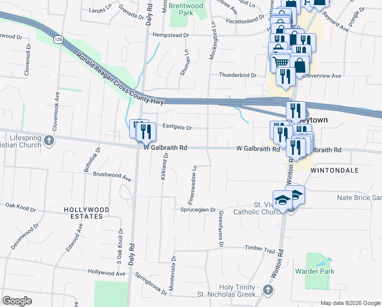 map of restaurants, bars, coffee shops, grocery stores, and more near 1099 West Galbraith Road in Cincinnati