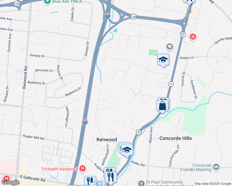 map of restaurants, bars, coffee shops, grocery stores, and more near 6598 Stoneham Place in Cincinnati