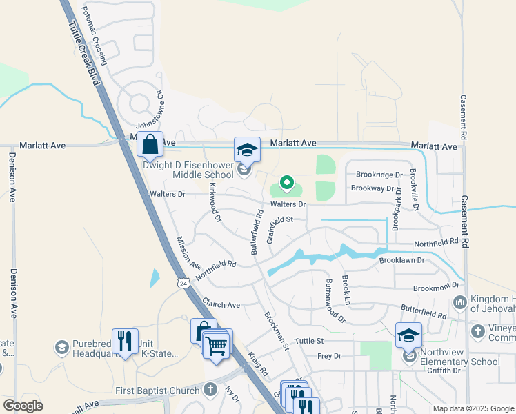 map of restaurants, bars, coffee shops, grocery stores, and more near 801 Walters Drive in Manhattan