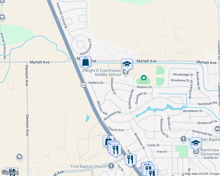 map of restaurants, bars, coffee shops, grocery stores, and more near 2850 Kirkwood Drive in Manhattan