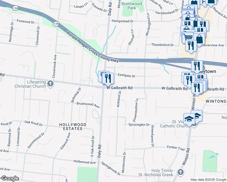 map of restaurants, bars, coffee shops, grocery stores, and more near 1165 Galbraith Road in Cincinnati