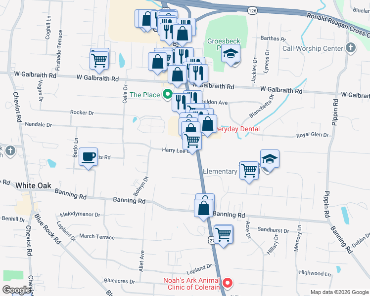 map of restaurants, bars, coffee shops, grocery stores, and more near 3096 Harry Lee Lane in Cincinnati