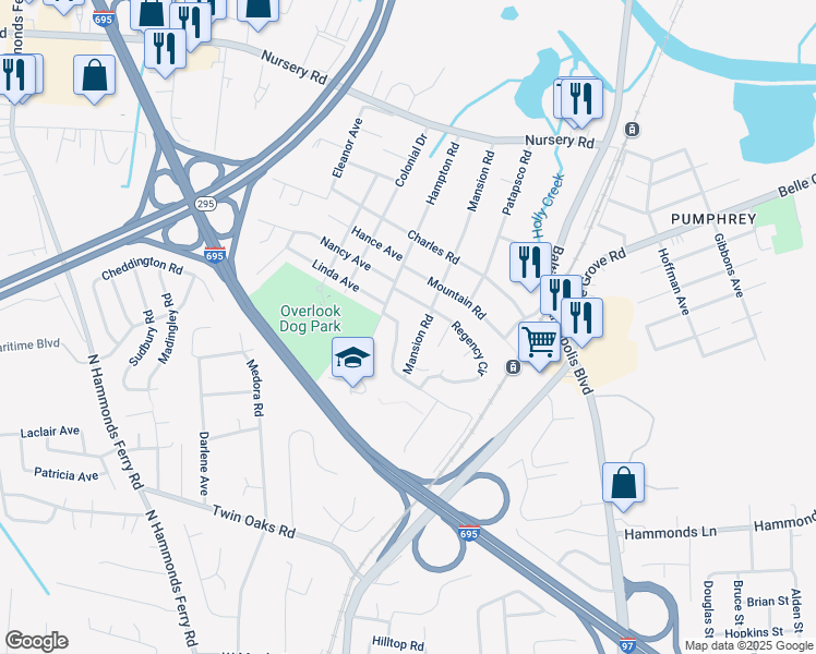 map of restaurants, bars, coffee shops, grocery stores, and more near 210 Coronet Drive in Linthicum Heights