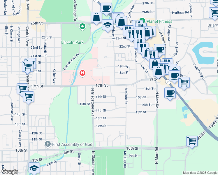 map of restaurants, bars, coffee shops, grocery stores, and more near 1710 Midway Street in Columbus