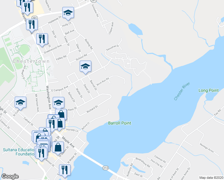 map of restaurants, bars, coffee shops, grocery stores, and more near 7 Ceder Chase Court in Chestertown