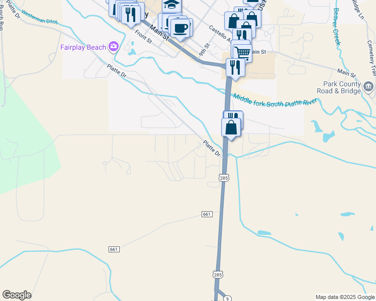 map of restaurants, bars, coffee shops, grocery stores, and more near 439 Fuller Drive in Fairplay