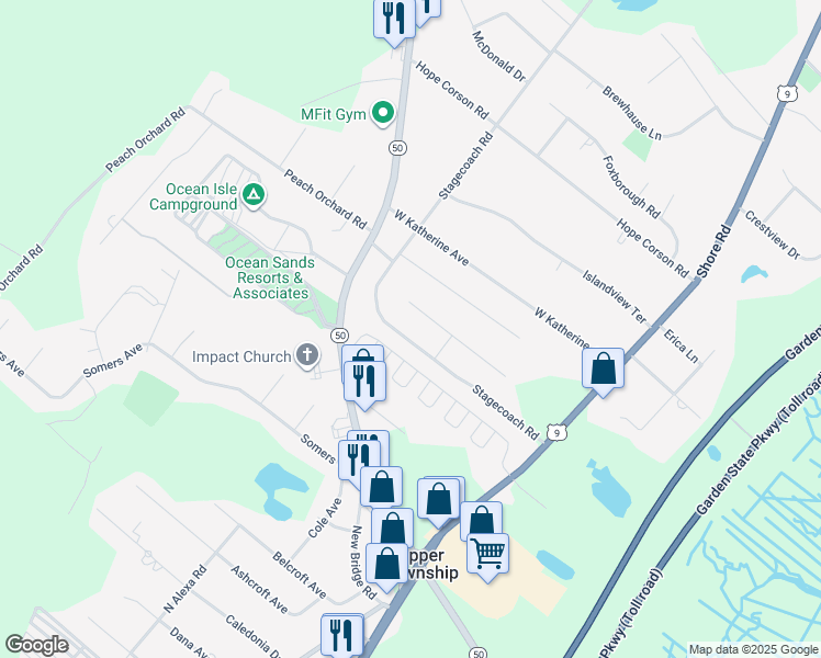 map of restaurants, bars, coffee shops, grocery stores, and more near 218 Sandberg Place in Ocean View