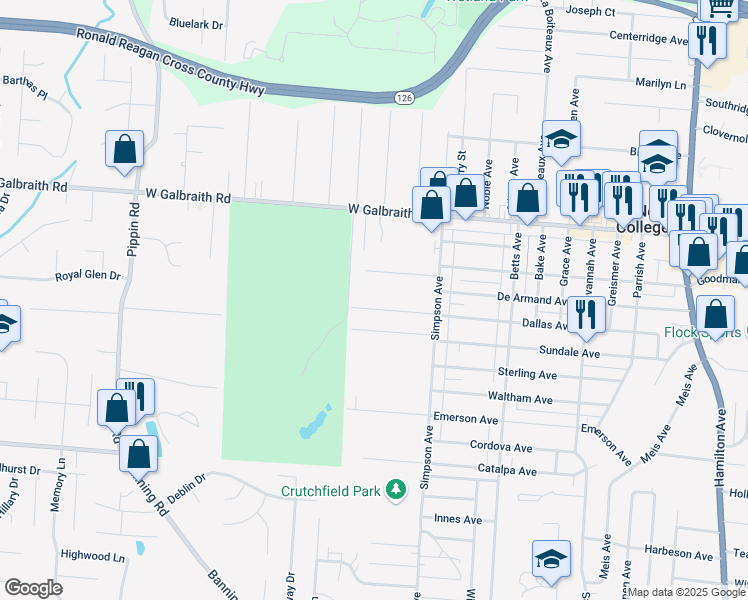 map of restaurants, bars, coffee shops, grocery stores, and more near 2020 Dallas Avenue in Cincinnati