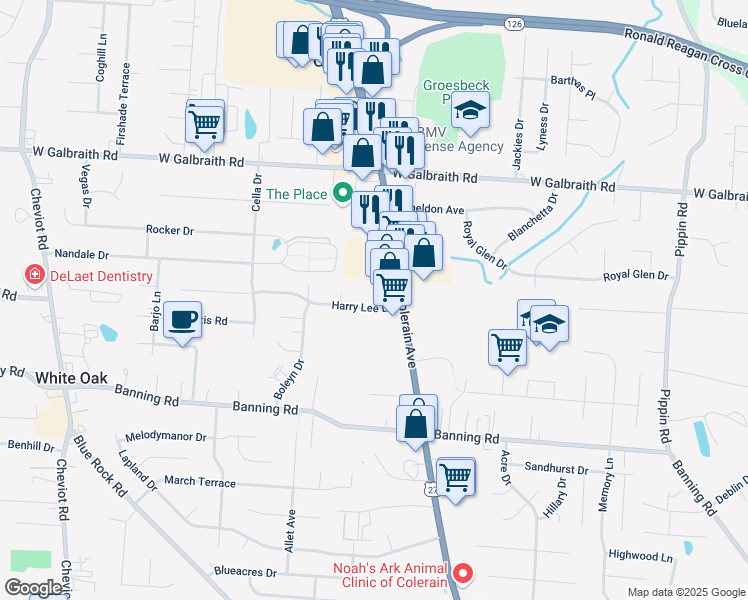 map of restaurants, bars, coffee shops, grocery stores, and more near 7641 Colerain Avenue in Cincinnati
