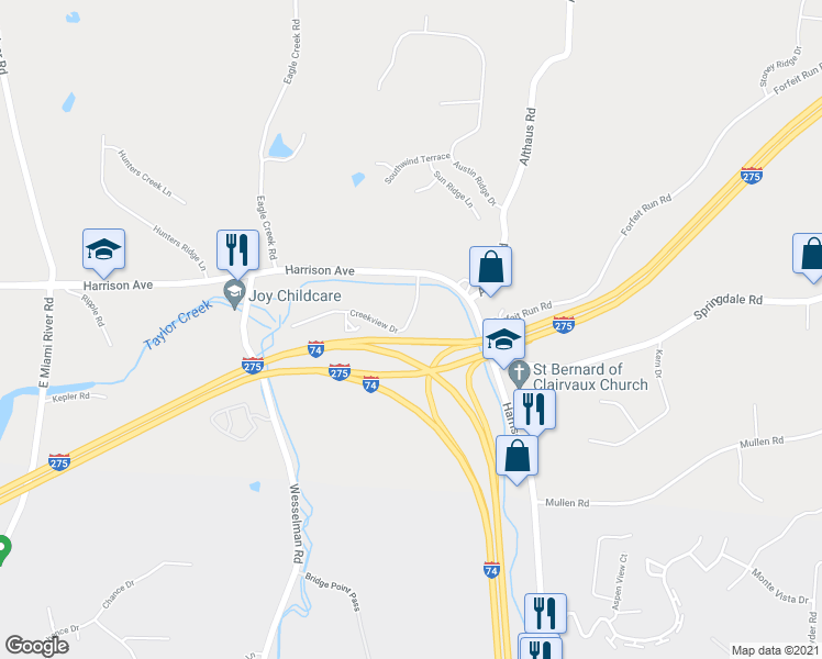 map of restaurants, bars, coffee shops, grocery stores, and more near 7211 Creekview Drive in Cincinnati