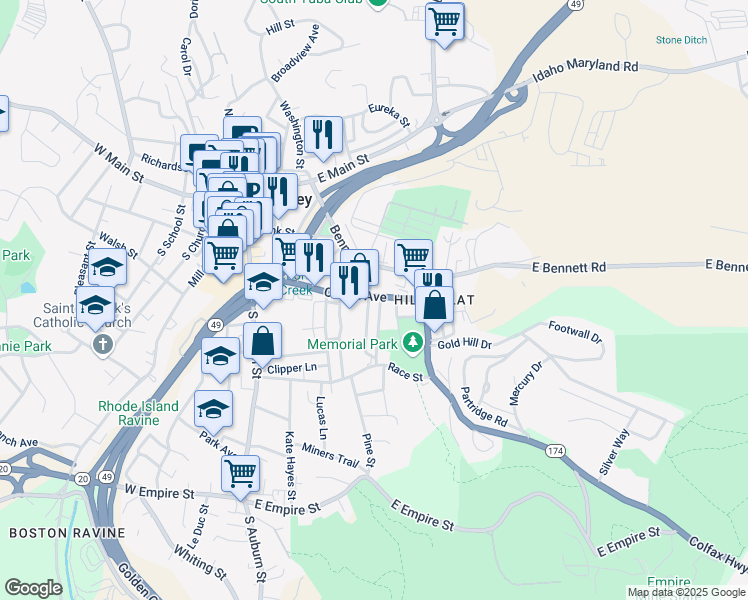 map of restaurants, bars, coffee shops, grocery stores, and more near 403 Henderson Street in Grass Valley