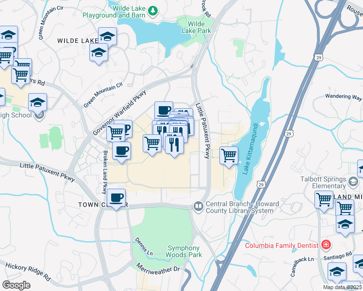 map of restaurants, bars, coffee shops, grocery stores, and more near 10300 Little Patuxent Parkway in Columbia