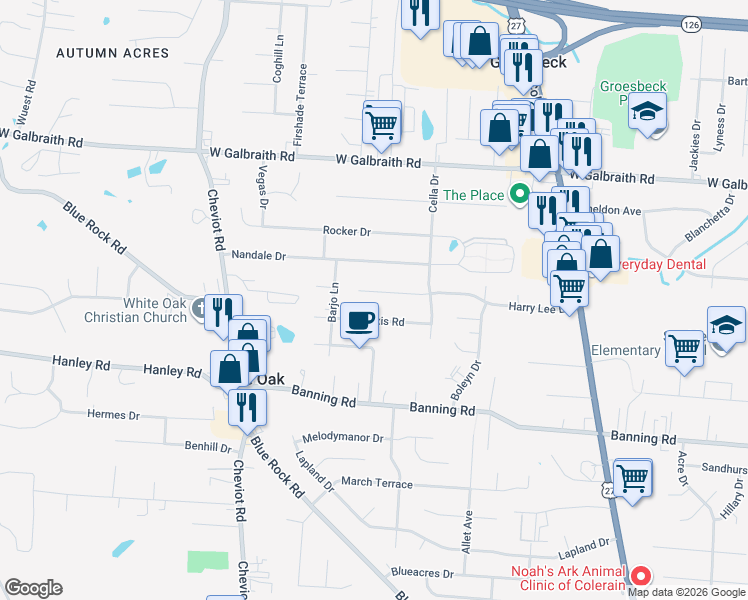 map of restaurants, bars, coffee shops, grocery stores, and more near 3375 Harry Lee Lane in Cincinnati