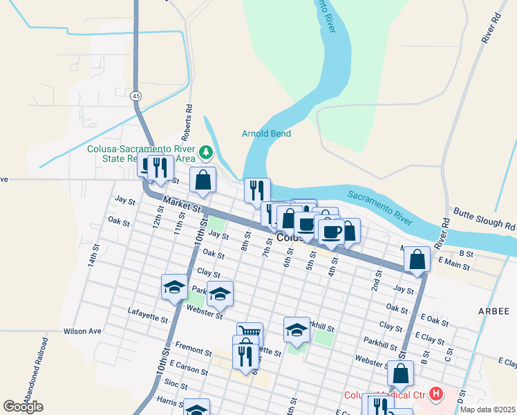 map of restaurants, bars, coffee shops, grocery stores, and more near 761 Main Street in Colusa