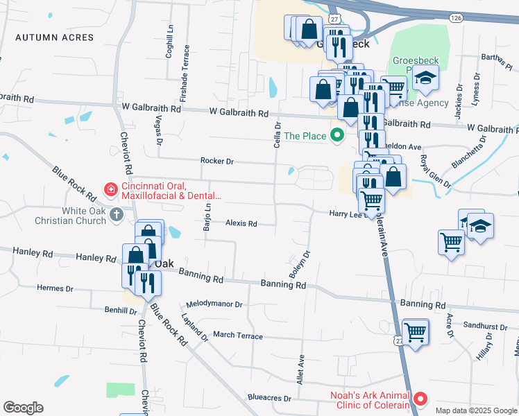 map of restaurants, bars, coffee shops, grocery stores, and more near 3337 Harry Lee Lane in Cincinnati