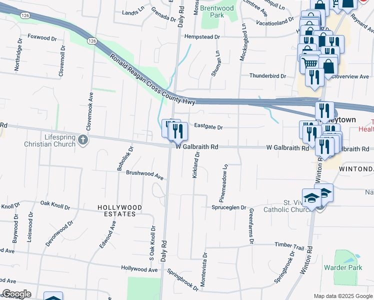 map of restaurants, bars, coffee shops, grocery stores, and more near 1165 Galbraith Road in Cincinnati