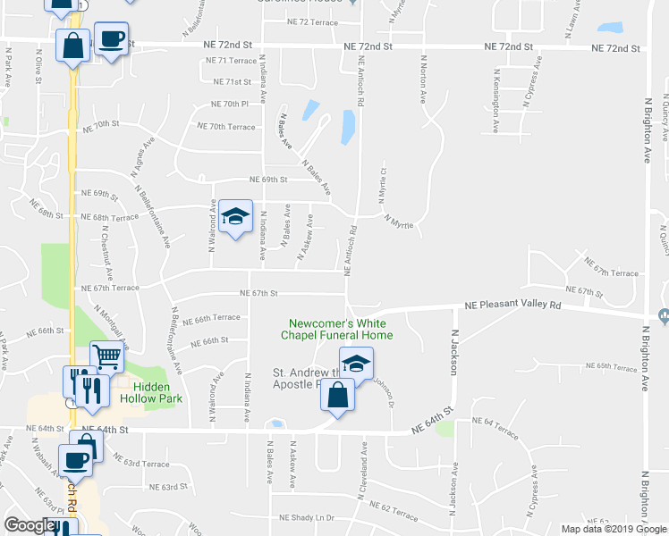 map of restaurants, bars, coffee shops, grocery stores, and more near 6716 North Randall Court in Kansas City