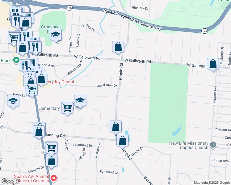 map of restaurants, bars, coffee shops, grocery stores, and more near 2537 Royal Glen Drive in Cincinnati