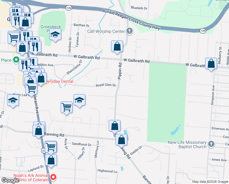 map of restaurants, bars, coffee shops, grocery stores, and more near 2537 Royal Glen Drive in Cincinnati