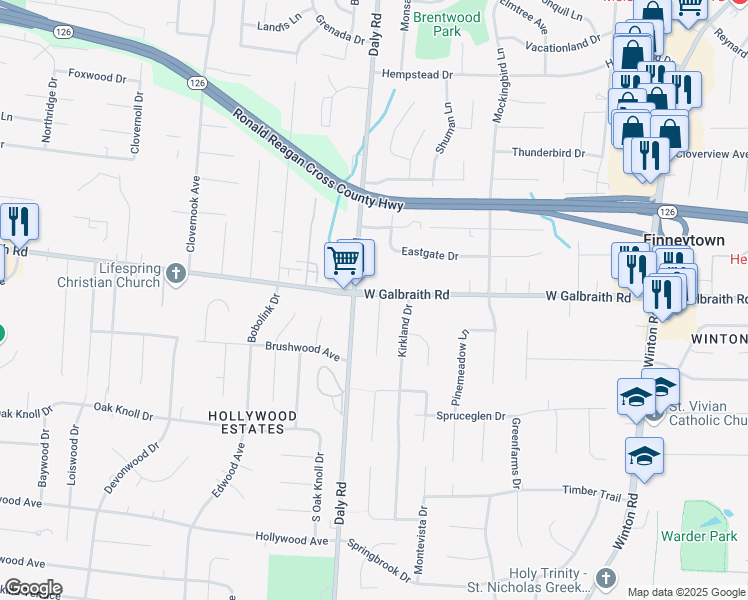 map of restaurants, bars, coffee shops, grocery stores, and more near 1175 Galbraith Road in Cincinnati