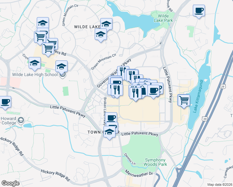 map of restaurants, bars, coffee shops, grocery stores, and more near 10100 Twin Rivers Road in Columbia