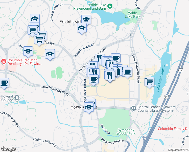 map of restaurants, bars, coffee shops, grocery stores, and more near 10100 Twin Rivers Road in Columbia