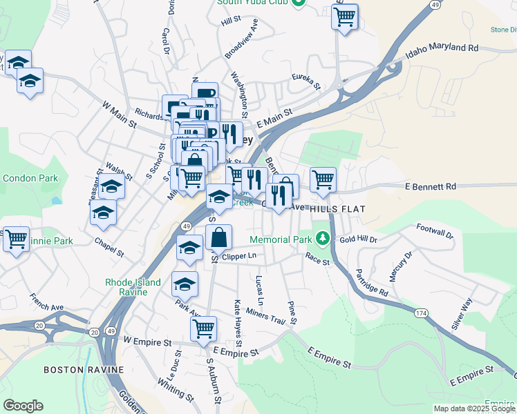 map of restaurants, bars, coffee shops, grocery stores, and more near 225 Colfax Avenue in Grass Valley