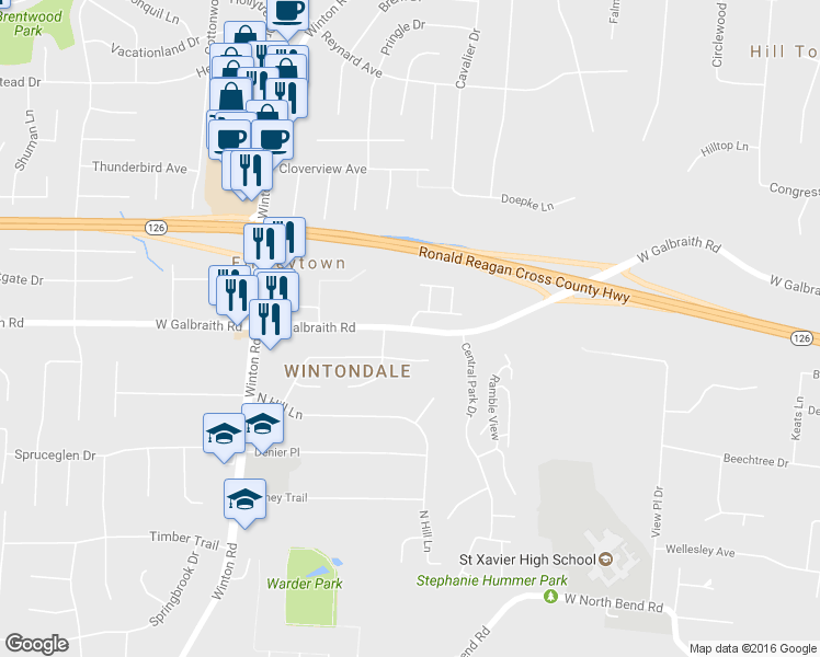 map of restaurants, bars, coffee shops, grocery stores, and more near 8220 Kingsmere Court in Cincinnati