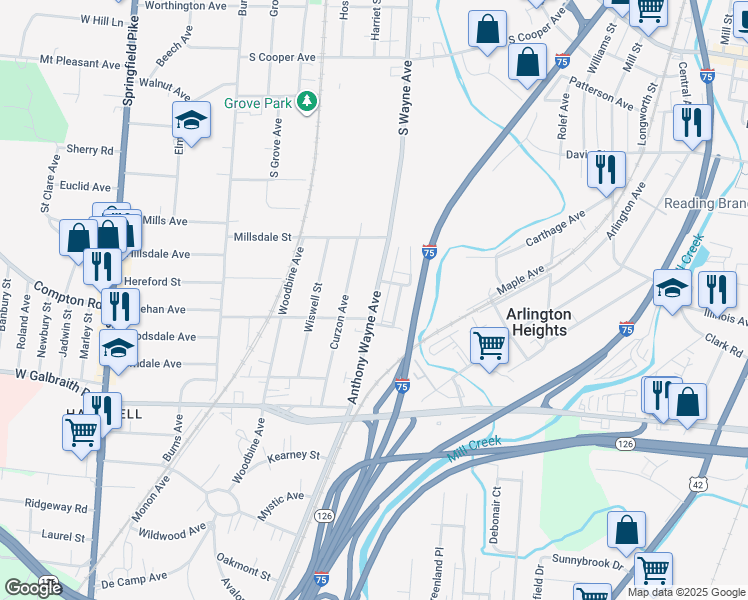 map of restaurants, bars, coffee shops, grocery stores, and more near 8424 Anthony Wayne Avenue in Cincinnati