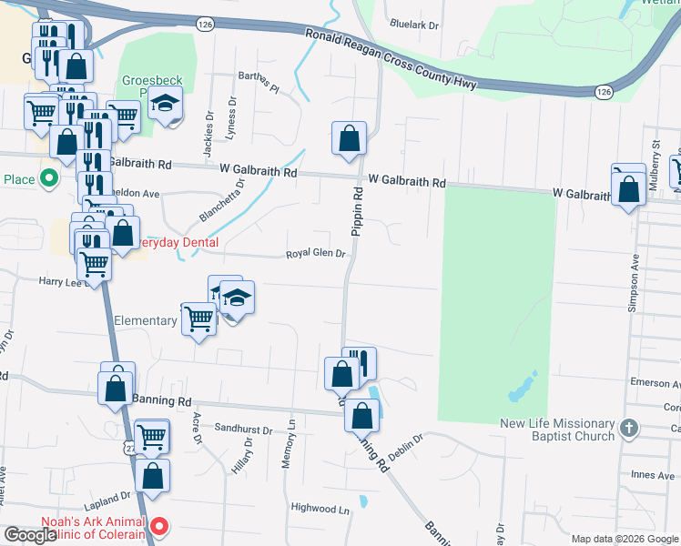 map of restaurants, bars, coffee shops, grocery stores, and more near 2537 Royal Glen Drive in Cincinnati