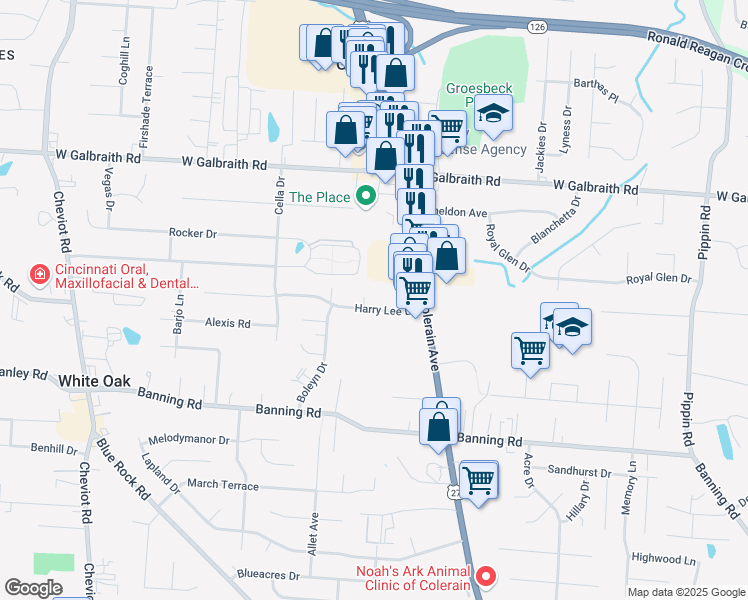 map of restaurants, bars, coffee shops, grocery stores, and more near 3222 Harry Lee Lane in Cincinnati
