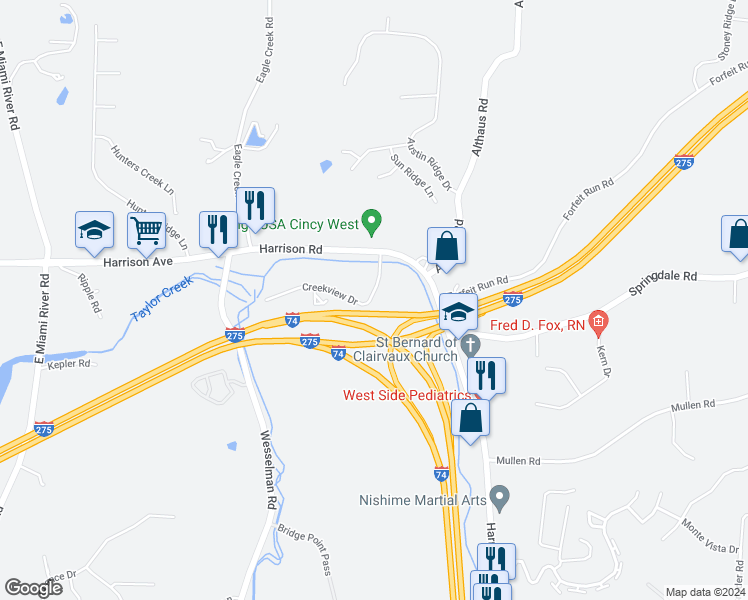 map of restaurants, bars, coffee shops, grocery stores, and more near 7211 Creekview Drive in Cincinnati