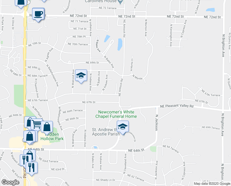map of restaurants, bars, coffee shops, grocery stores, and more near 6720 North Randall Court in Gladstone